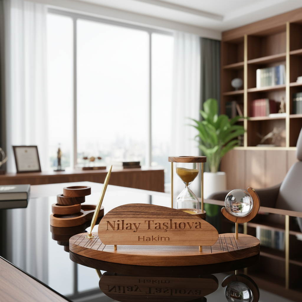 Triarch  Masif Ahşap & Pirinç Masa Seti – Prestijli Ofis Aksesuarı