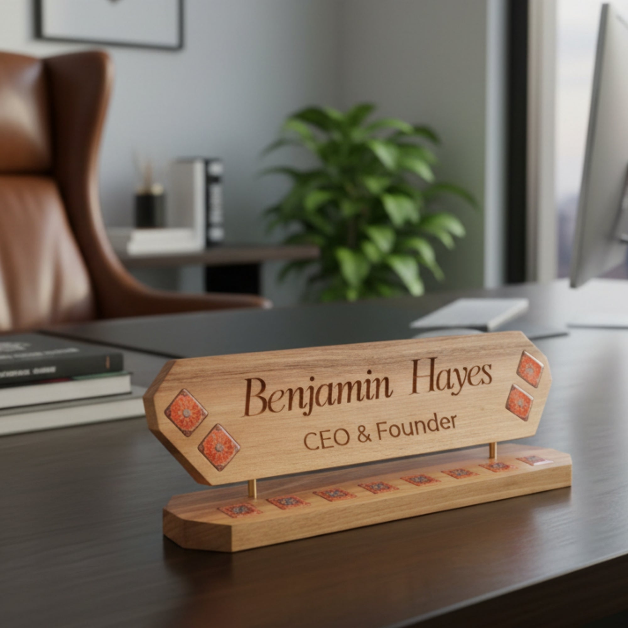 Veritas Mosaic – Kişiye Özel Ahşap Masa Üstü İsimlik ve Kalemlik Seti