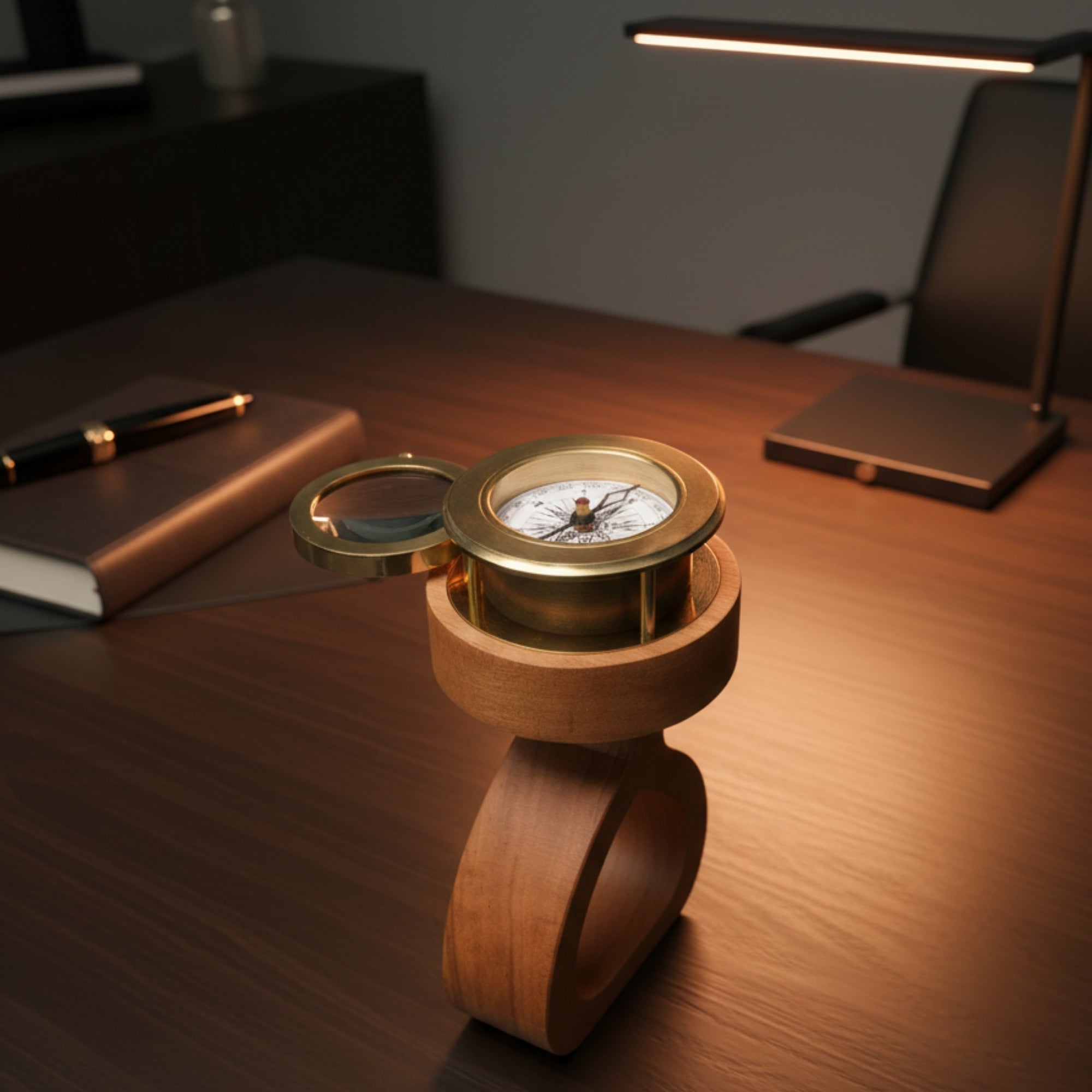 Aurora Compass Duo – Masif Ceviz ve Pirinç Masaüstü Pusula & Büyüteç - Niqbin Office