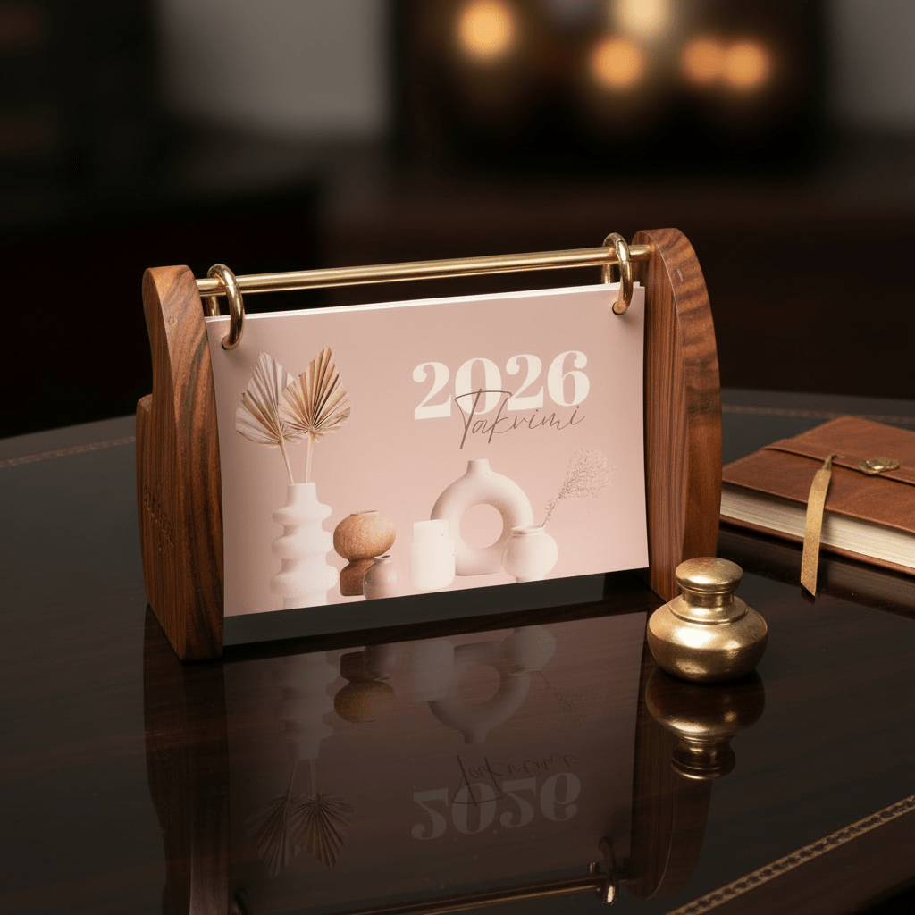 Riva – Masif Ceviz & Pirinç Detaylı Masa Takvimi (2026) - Niqbin Office