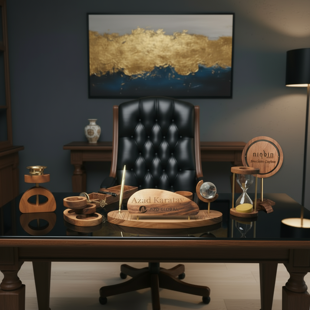 Triarch Prestige Executive Set – 10 Parça El Yapımı Ceviz & Pirinç Yönetici Masa Seti