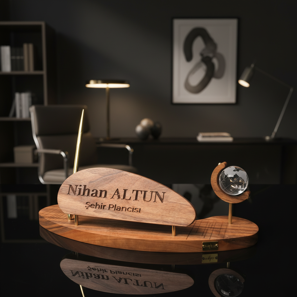 Triarch  Masif Ahşap & Pirinç Masa Seti – Prestijli Ofis Aksesuarı