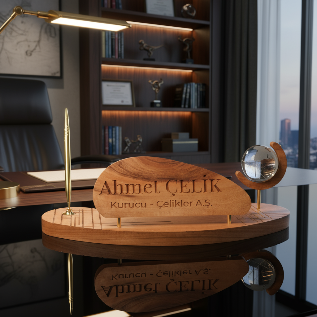 Triarch  Masif Ahşap & Pirinç Masa Seti – Prestijli Ofis Aksesuarı