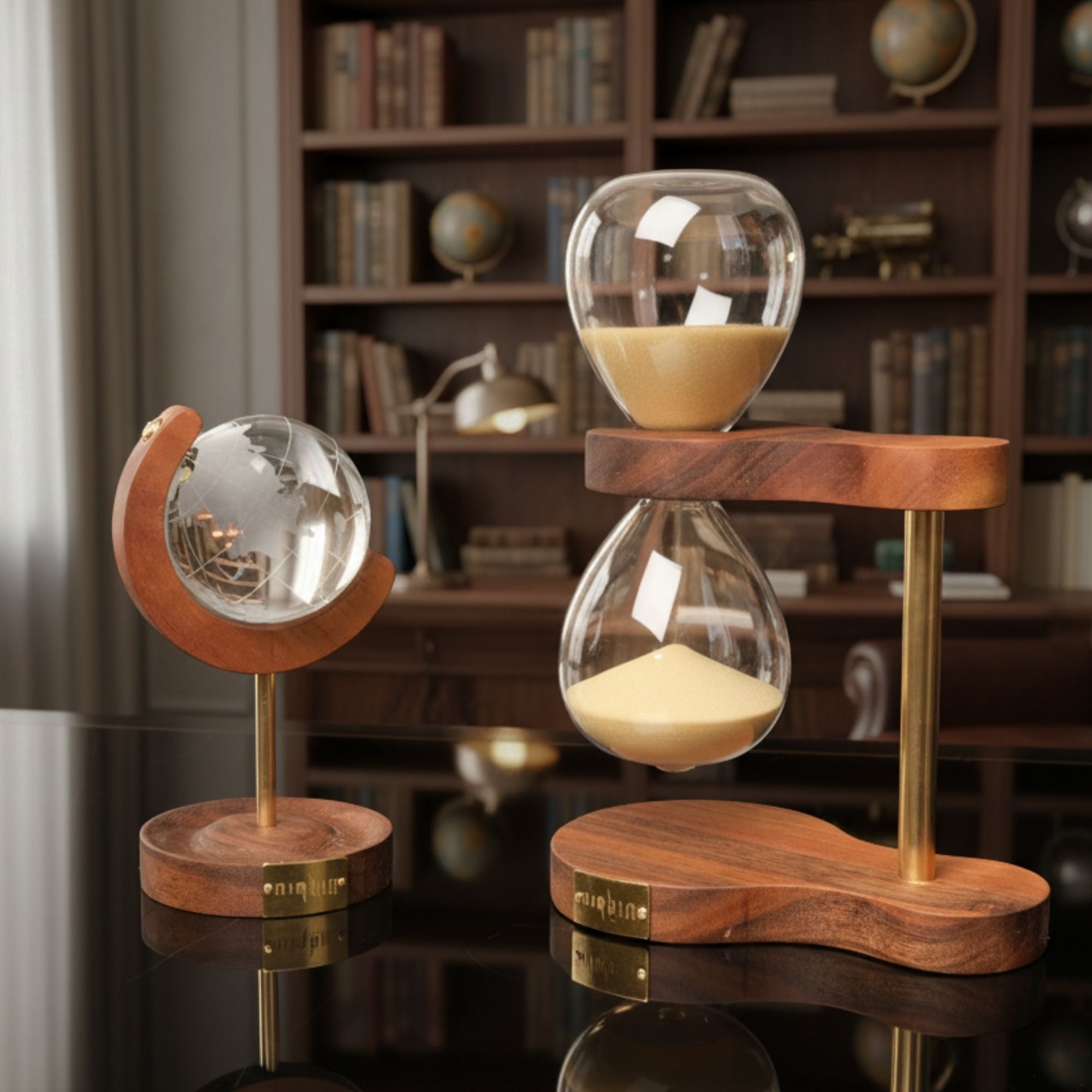 Axis Duo – Masif Ceviz ve Pirinçten Lüks Ofis Aksesuar Seti (Küre & Kum Saati)